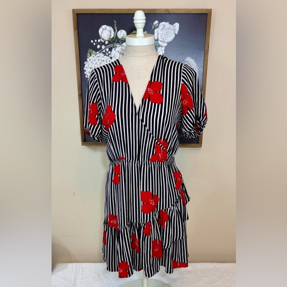 Madewell Black and White Striped Floral Print Faux Wrap Dress - Picture 4 of 12